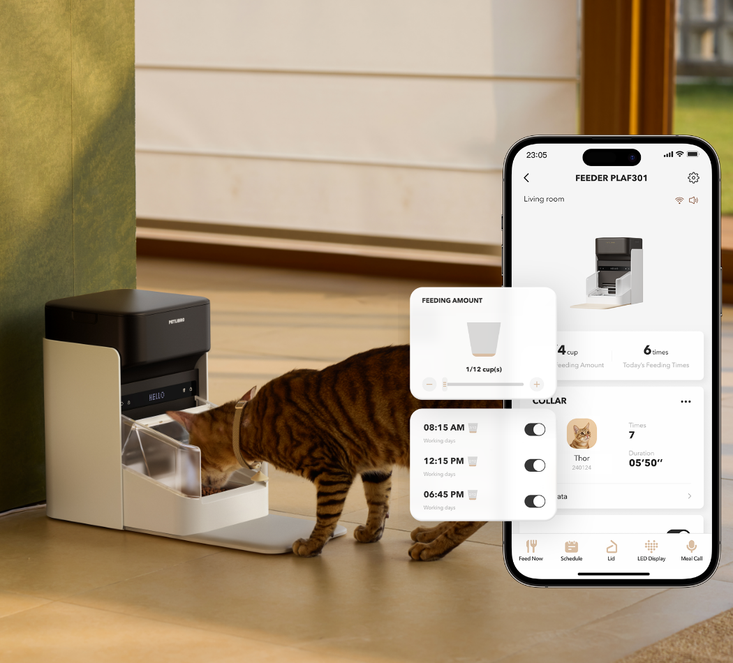 Petlibro PETLIBRO automatischer Futterspender neben Katze; App-Steuerung im Wohnzimmer, Brunnen und Katzentoilette fürs Haustier erwähnt