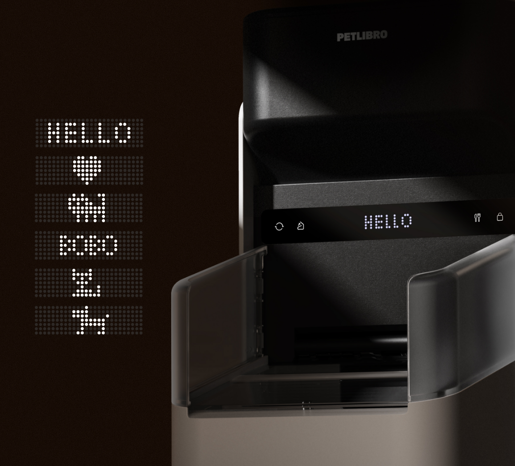 Petlibro PETLIBRO automatischer Futterspender in Schwarz mit LED-Display; Haustier Katze, Brunnen und Katzentoilette Icons im Hintergrund