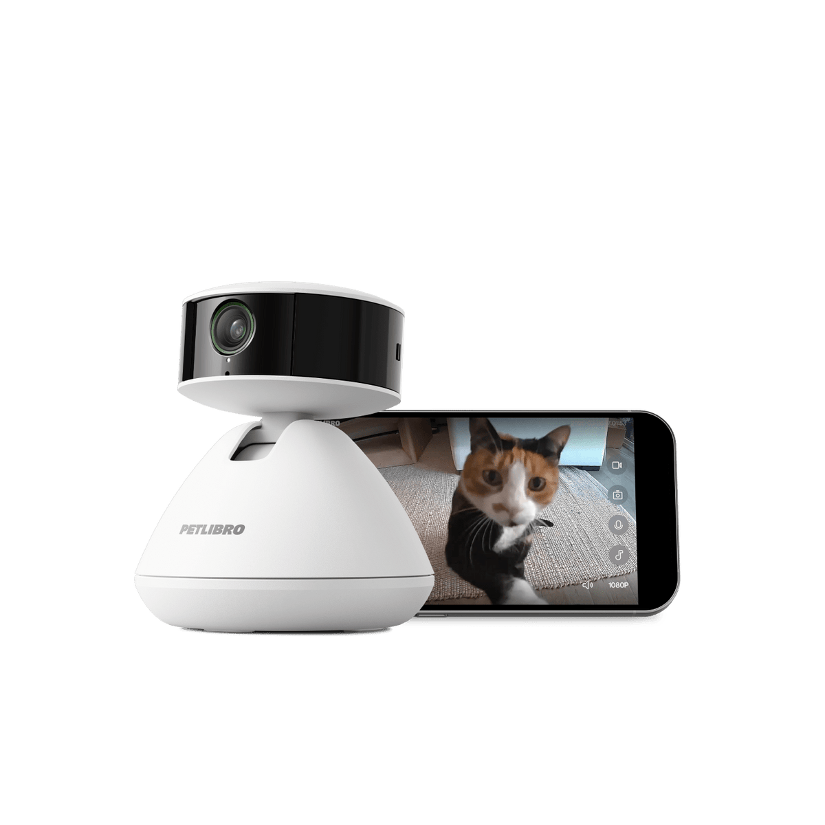 Petlibro PETLIBRO Haustier-Kamera weiß; Smartphone zeigt Katze, passend zu Brunnen, Katzentoilette und automatischer Futterspender