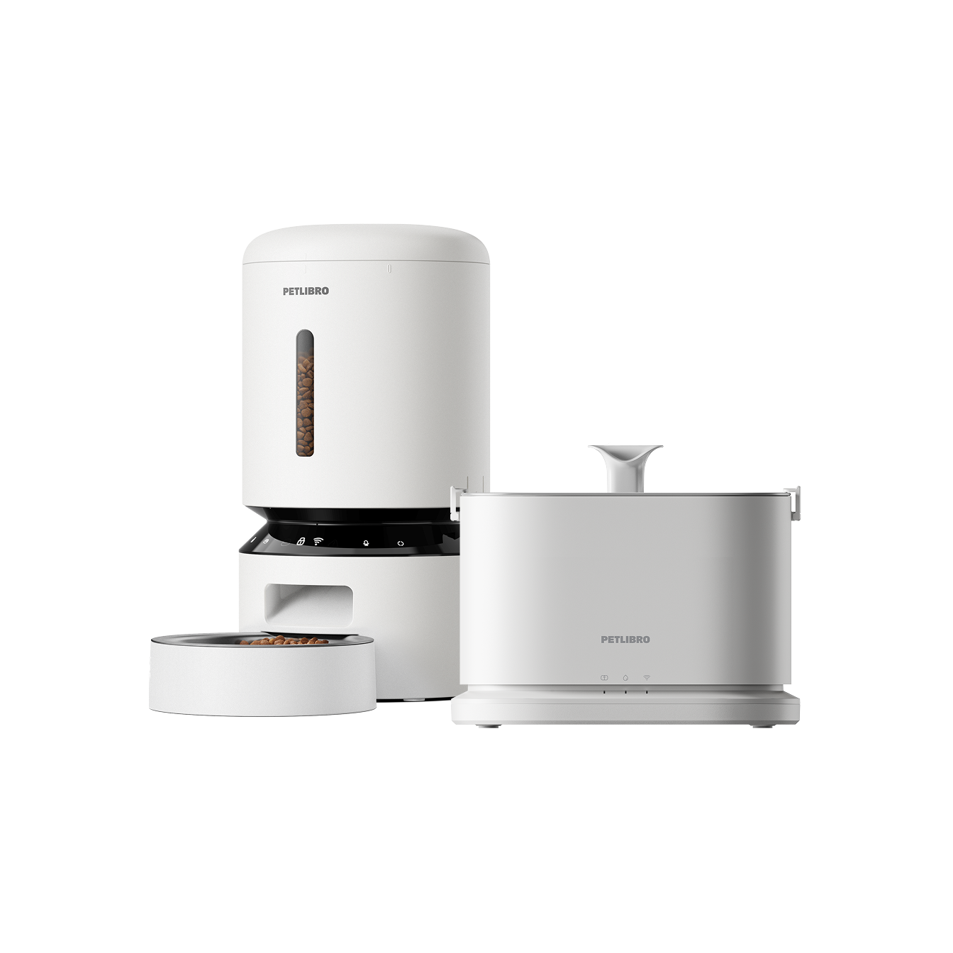 Petlibro PETLIBRO Brunnen und automatischer Futterspender für Katze/Haustier, weiß; daneben Katzentoilette-Behälter, Produktfoto