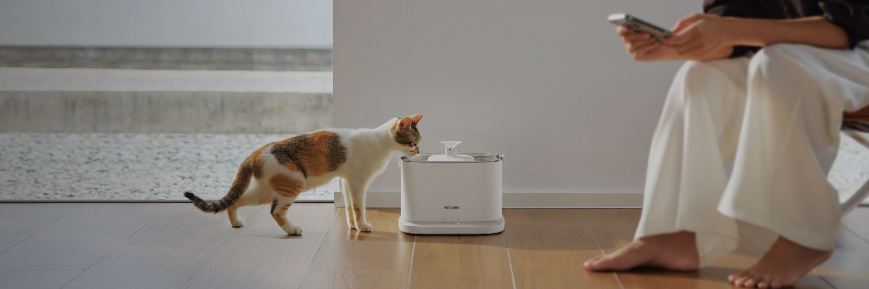 Petlibro PETLIBRO Brunnen: Katze trinkt am weißen Haustier-Wasserbrunnen; daneben Katzentoilette und automatischer Futterspender im Raum
