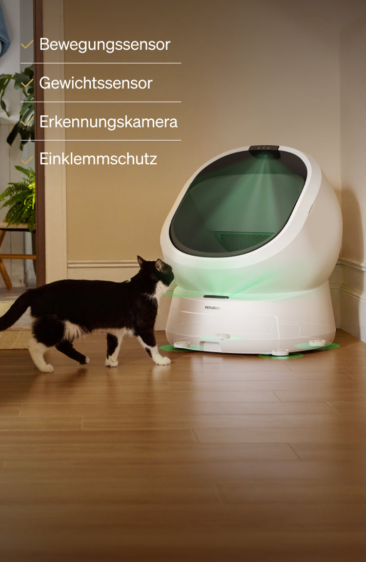 Petlibro PETLIBRO Katzentoilette, weiße automatische Box mit Sensoren; Katze davor, Haustier-Setup mit Brunnen und automatischer Futterspender.