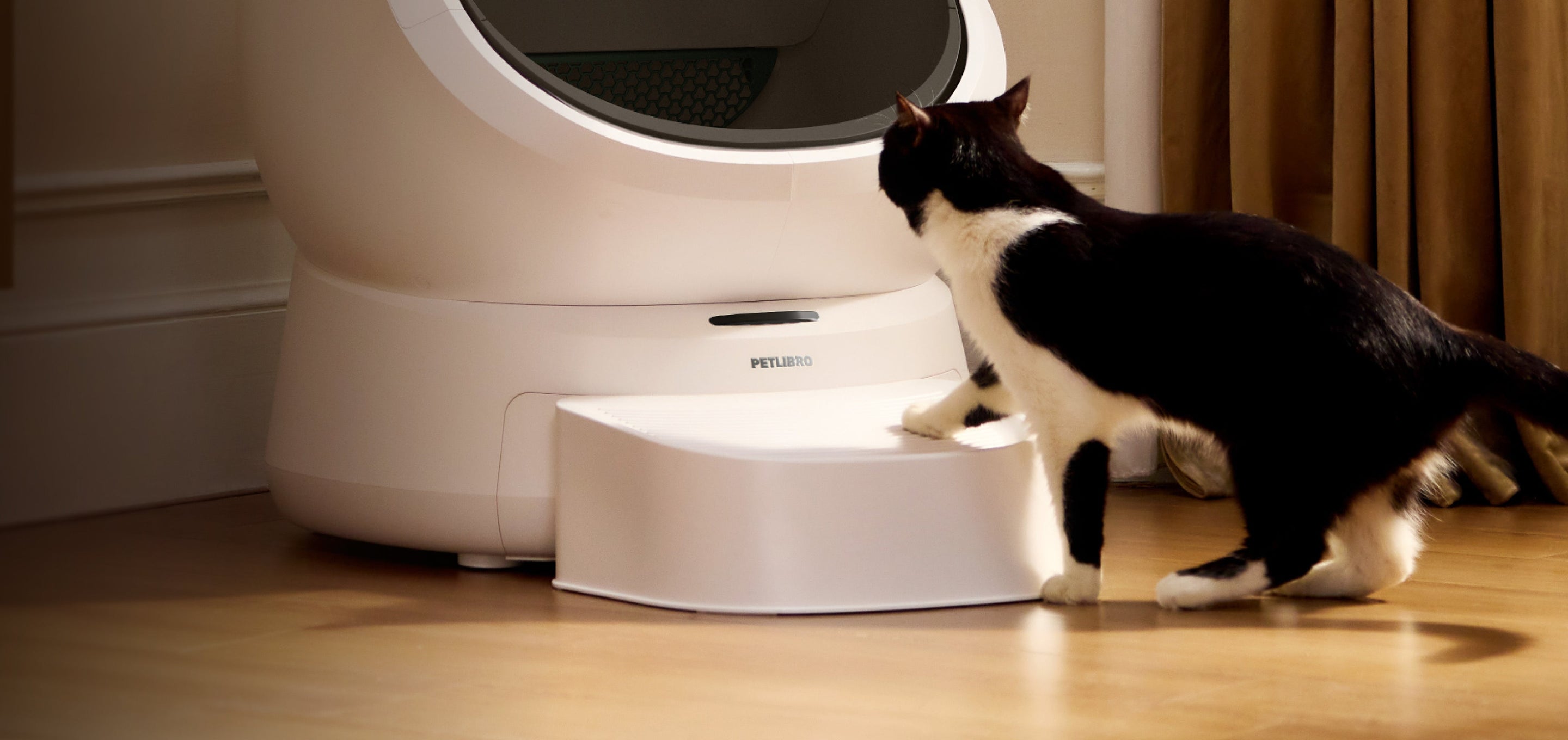Petlibro PETLIBRO Katzentoilette weiß, Katze als Haustier davor; Brunnen und automatischer Futterspender erwähnt, Indoor-Szene auf Holzboden