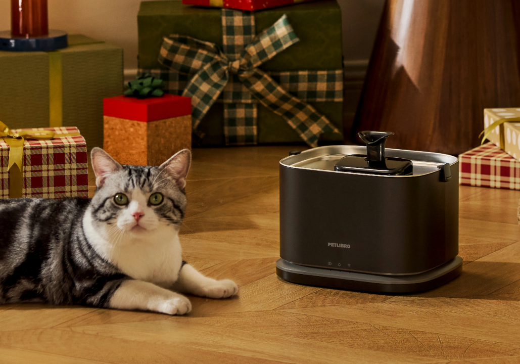 Petlibro PETLIBRO Brunnen neben Katze im Wohnzimmer; Haustier trinkt, neben Katzentoilette und automatischer Futterspender, schwarz-grau Design