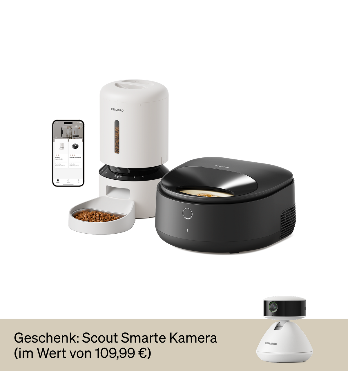 Petlibro PETLIBRO Set: automatischer Futterspender weiß, Brunnen schwarz, App; für Katze/Haustier, plus Katzentoilette-Setup und Kamera