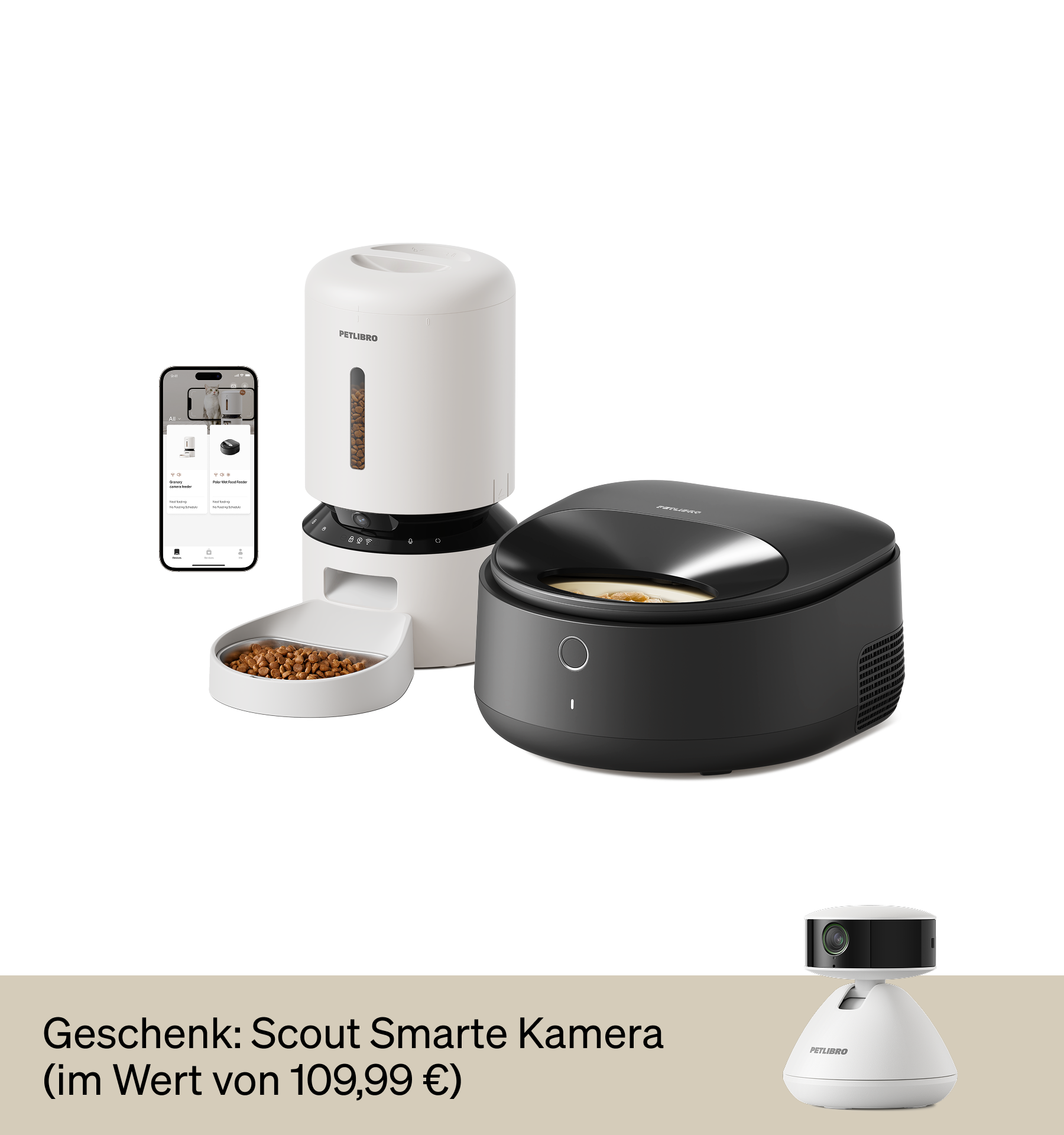 Petlibro PETLIBRO Set: automatischer Futterspender weiß, Brunnen schwarz, App; für Katze/Haustier, plus Katzentoilette-Setup und Kamera