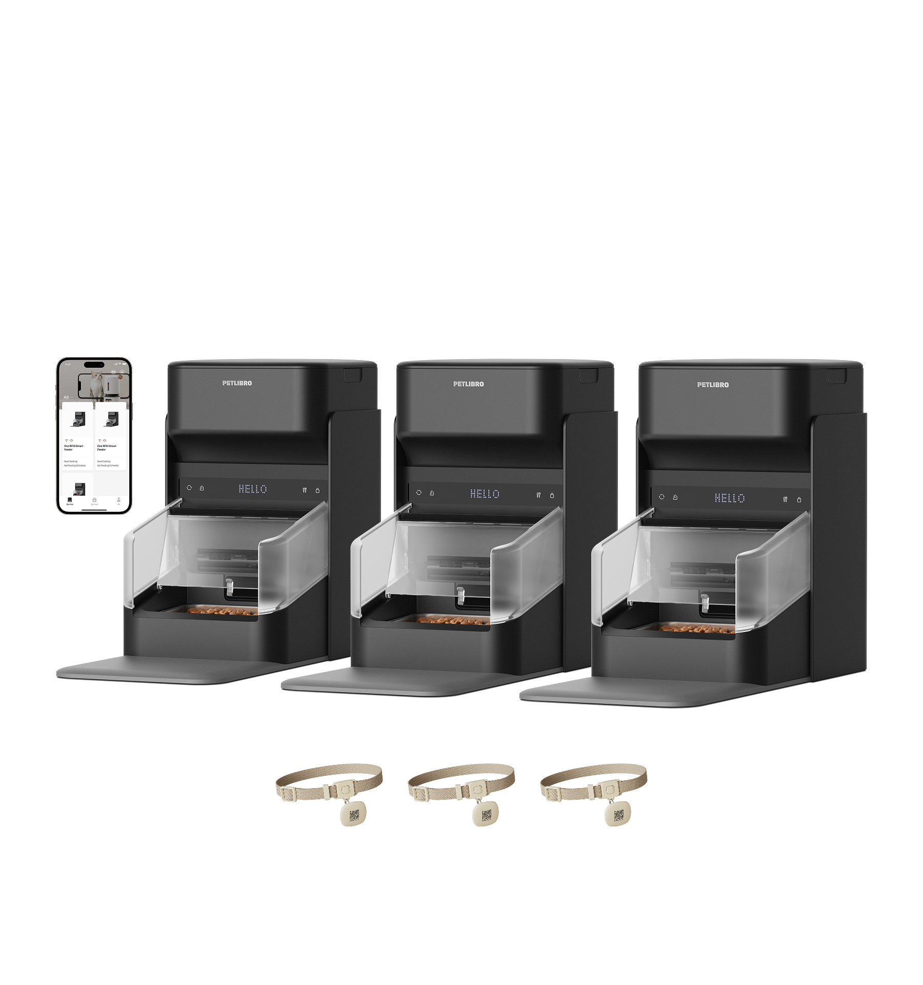 Petlibro smarter automatischer Futterspender in Schwarz mit transparentem Napf und App-Steuerung, inklusive drei Halsbändern