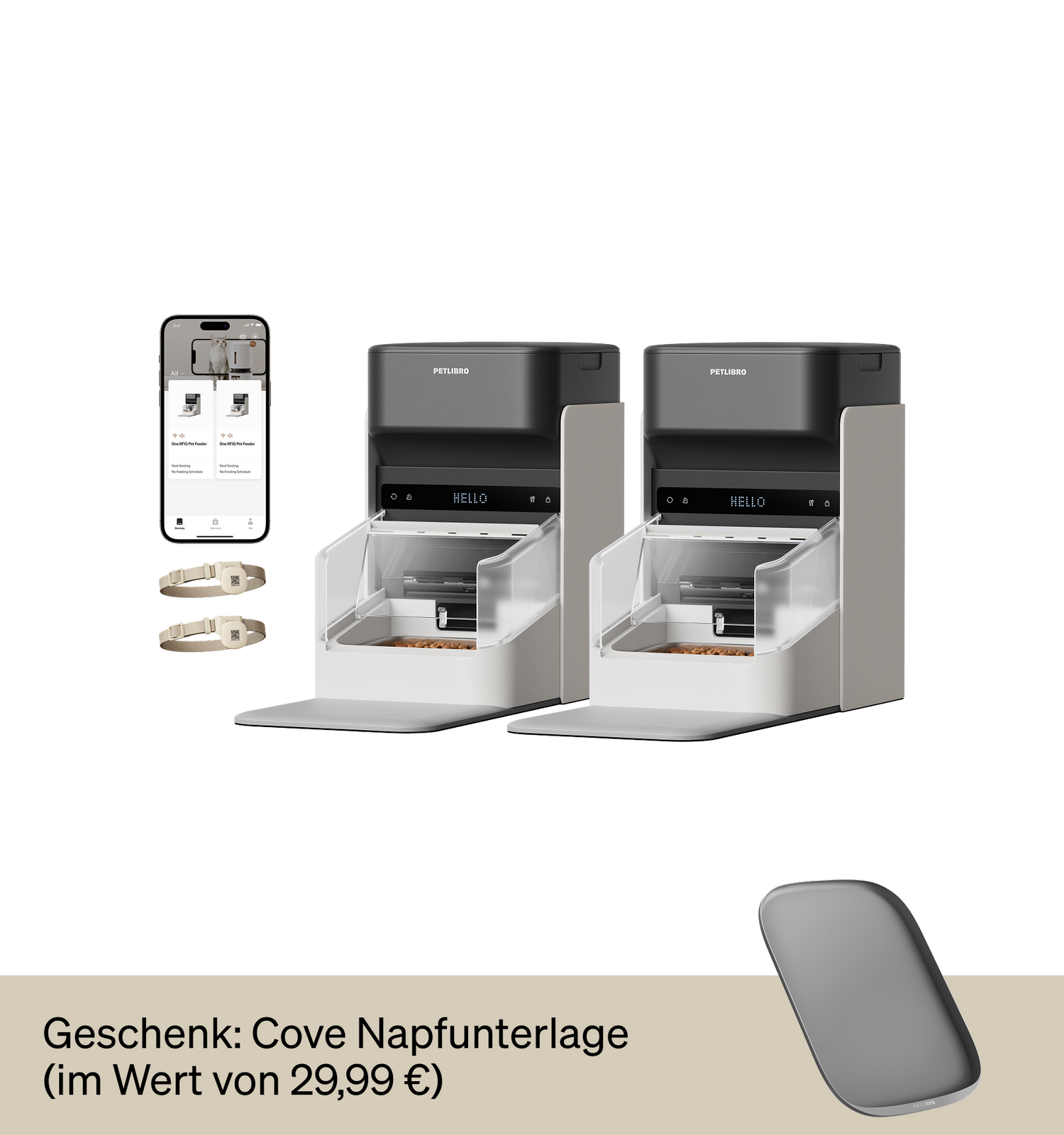 Petlibro PETLIBRO automatischer Futterspender für Katze/Haustier, schwarz-weiß, mit App; Brunnen und Katzentoilette erwähnt, Napfmatte abgebildet