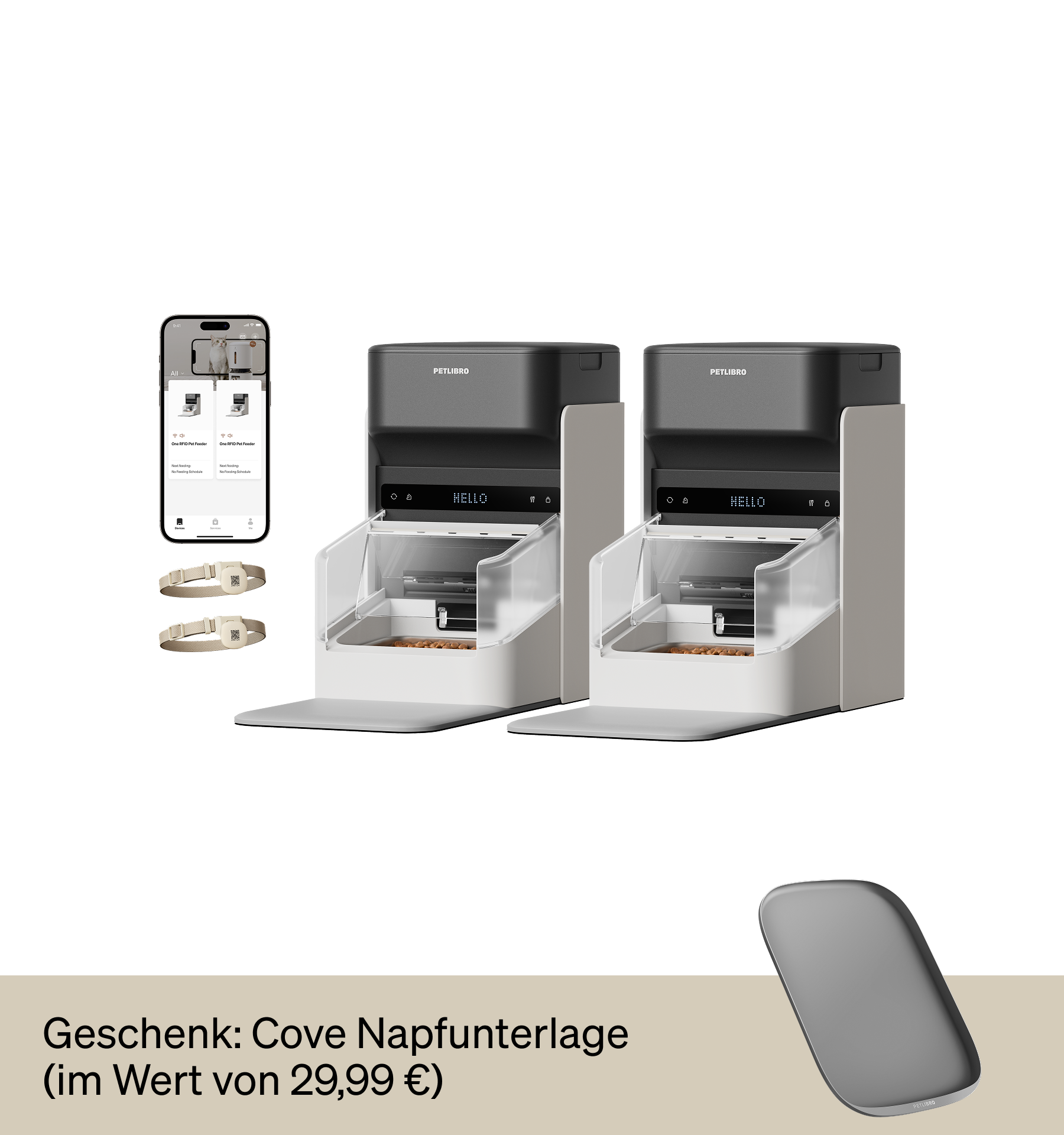 Petlibro PETLIBRO automatischer Futterspender für Katze/Haustier, schwarz-weiß, mit App; Brunnen und Katzentoilette erwähnt, Napfmatte abgebildet