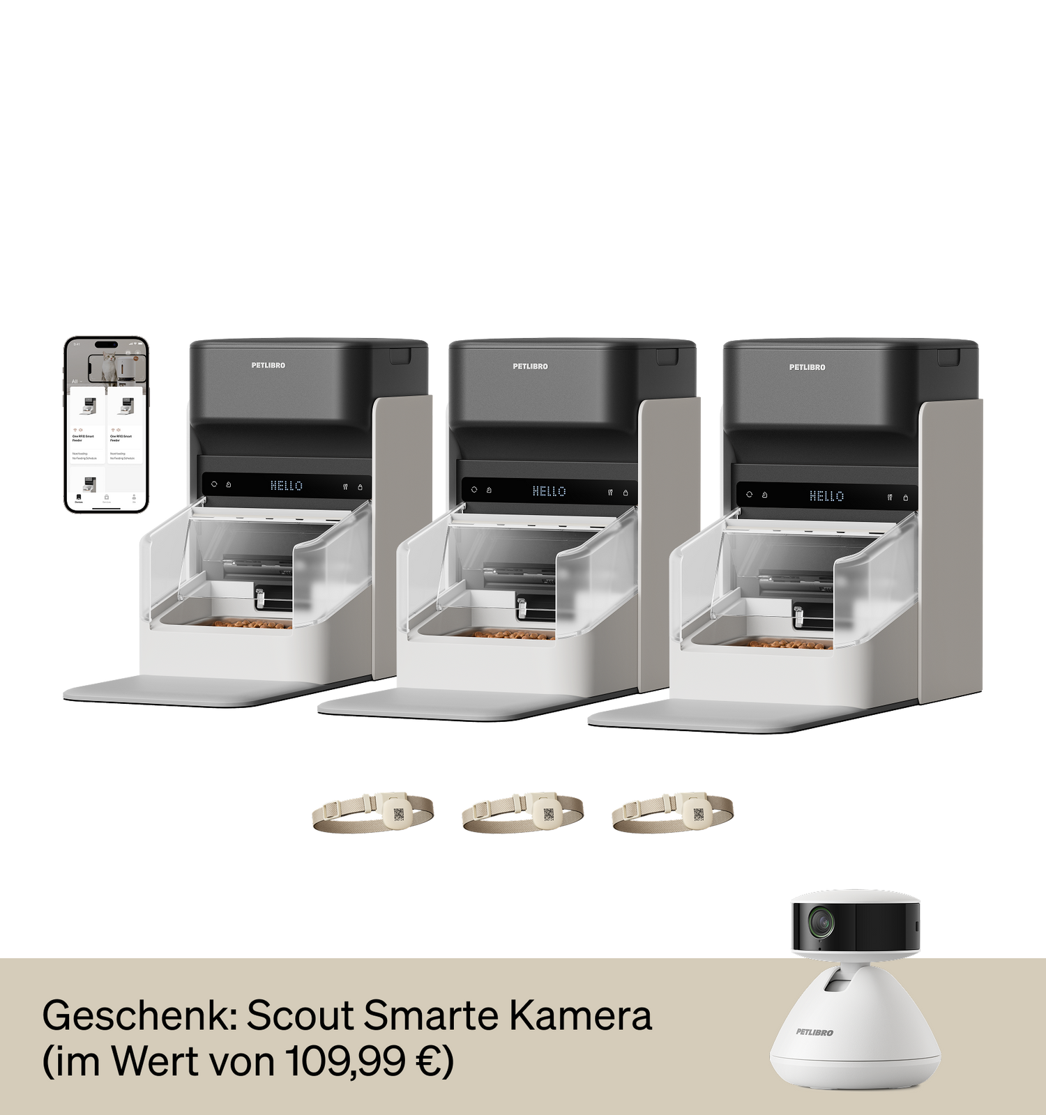 Petlibro PETLIBRO automatischer Futterspender für Katze/Haustier, grau-weiß, App-Steuerung; Brunnen und Katzentoilette erwähnt, Kamera-Bonus