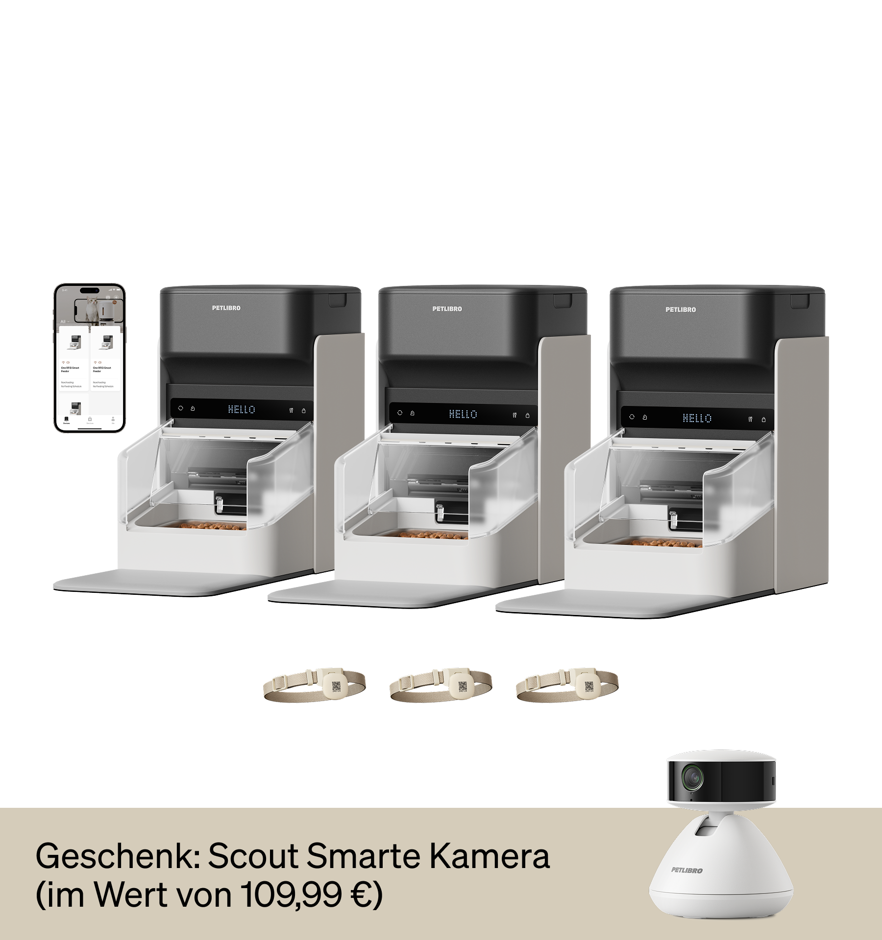 Petlibro PETLIBRO automatischer Futterspender für Katze/Haustier, grau-weiß, App-Steuerung; Brunnen und Katzentoilette erwähnt, Kamera-Bonus