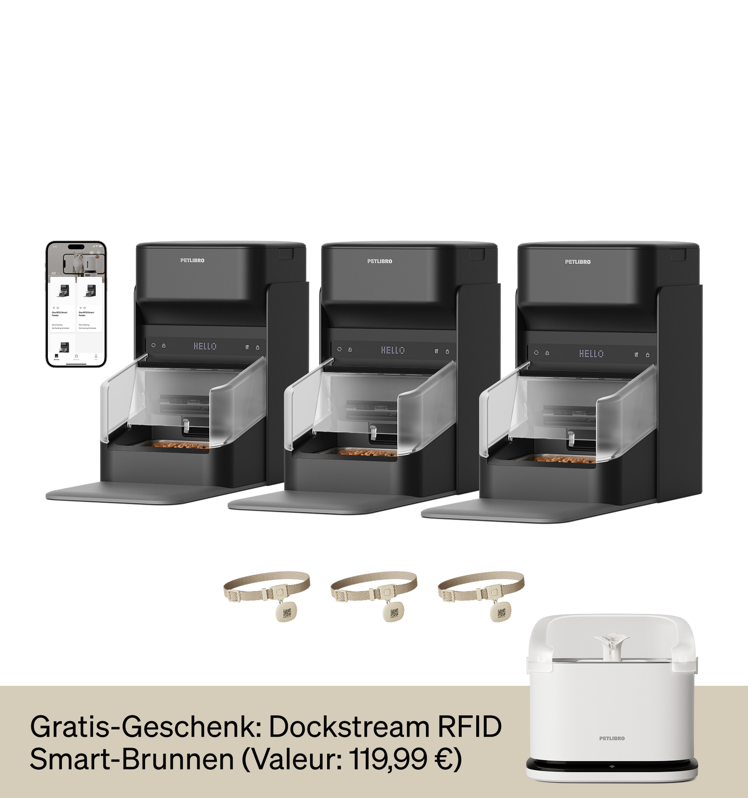 Petlibro schwarzer automatischer Futterspender mit RFID-Halsbändern und Smart-Brunnen als Gratis-Geschenk