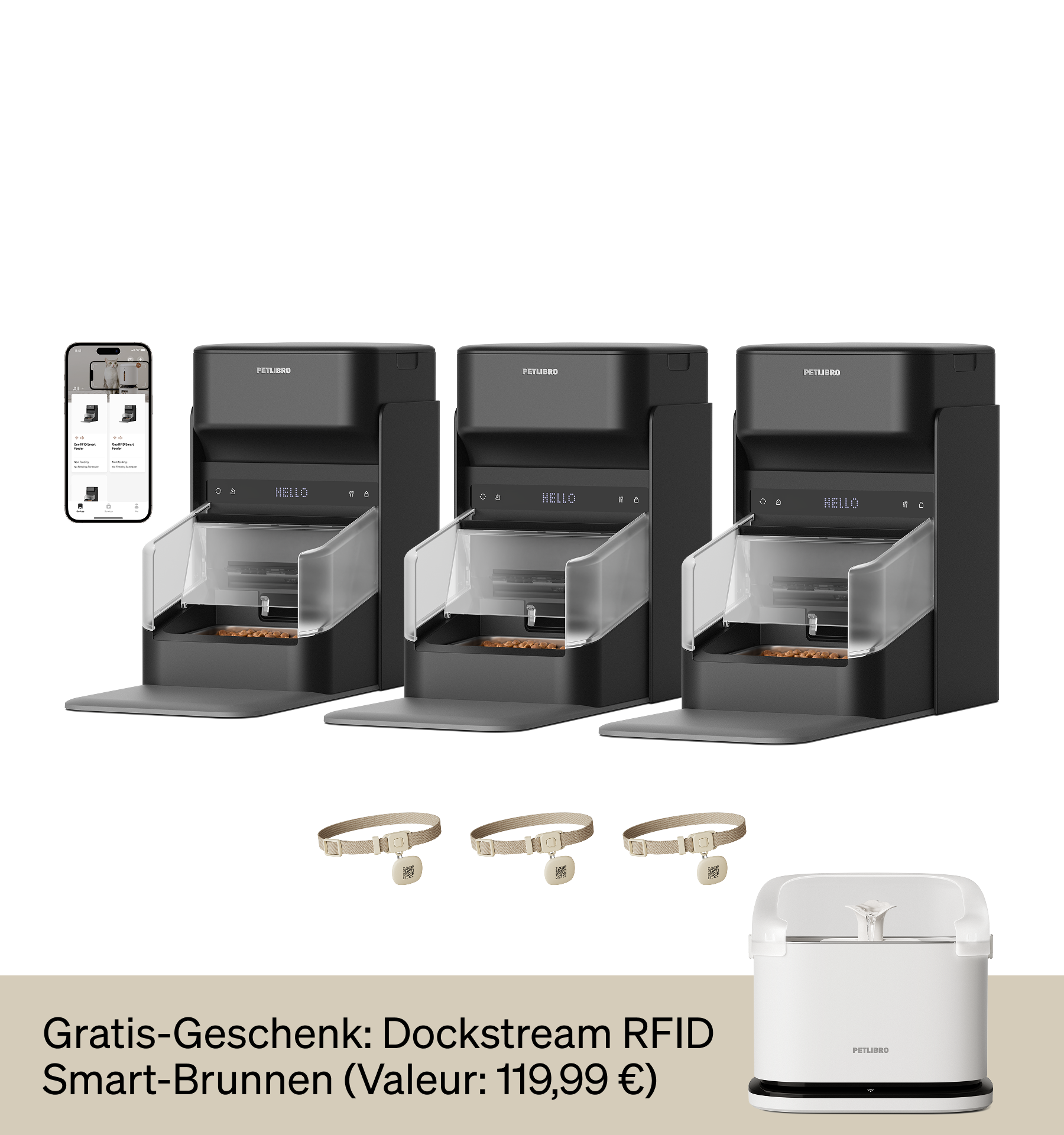 Petlibro schwarzer automatischer Futterspender mit RFID-Halsbändern und Smart-Brunnen als Gratis-Geschenk