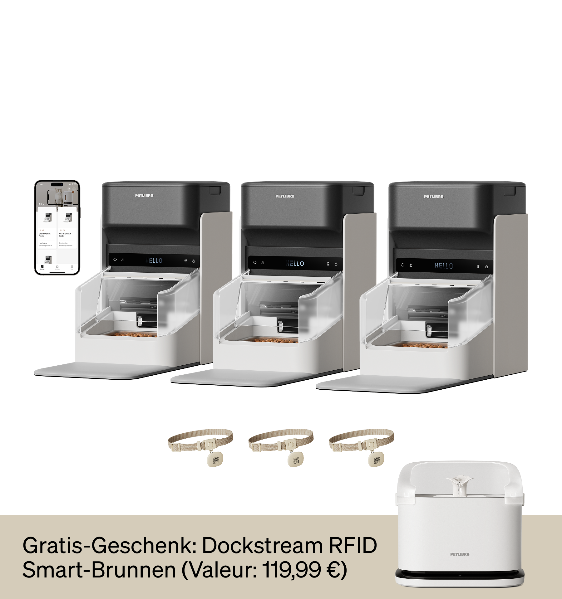 Petlibro smart automatischer Futterspender in Grau mit RFID-Halsbändern und App-Steuerung, inklusive Smart-Brunnen als Geschenk