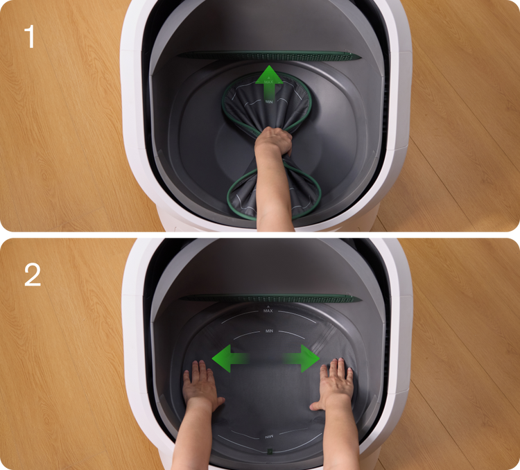 Petlibro PETLIBRO Katzentoilette: Hand spannt Einsatz; Haustier-Setup mit Brunnen und automatischer Futterspender für Katze.