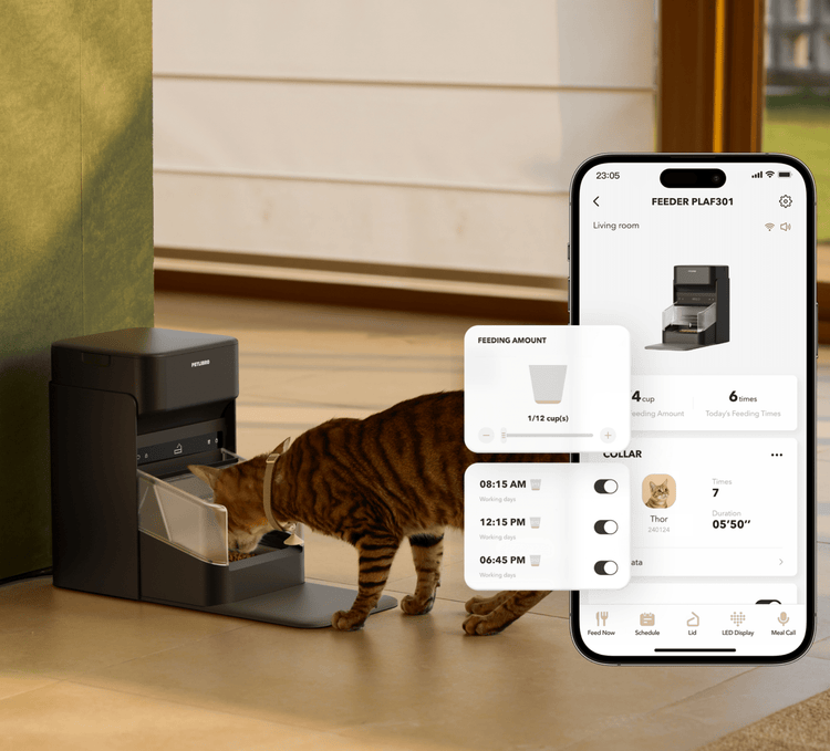 Petlibro PETLIBRO automatischer Futterspender schwarz, Katze frisst; App-Steuerung fürs Haustier, Brunnen/Katzentoilette erwähnt