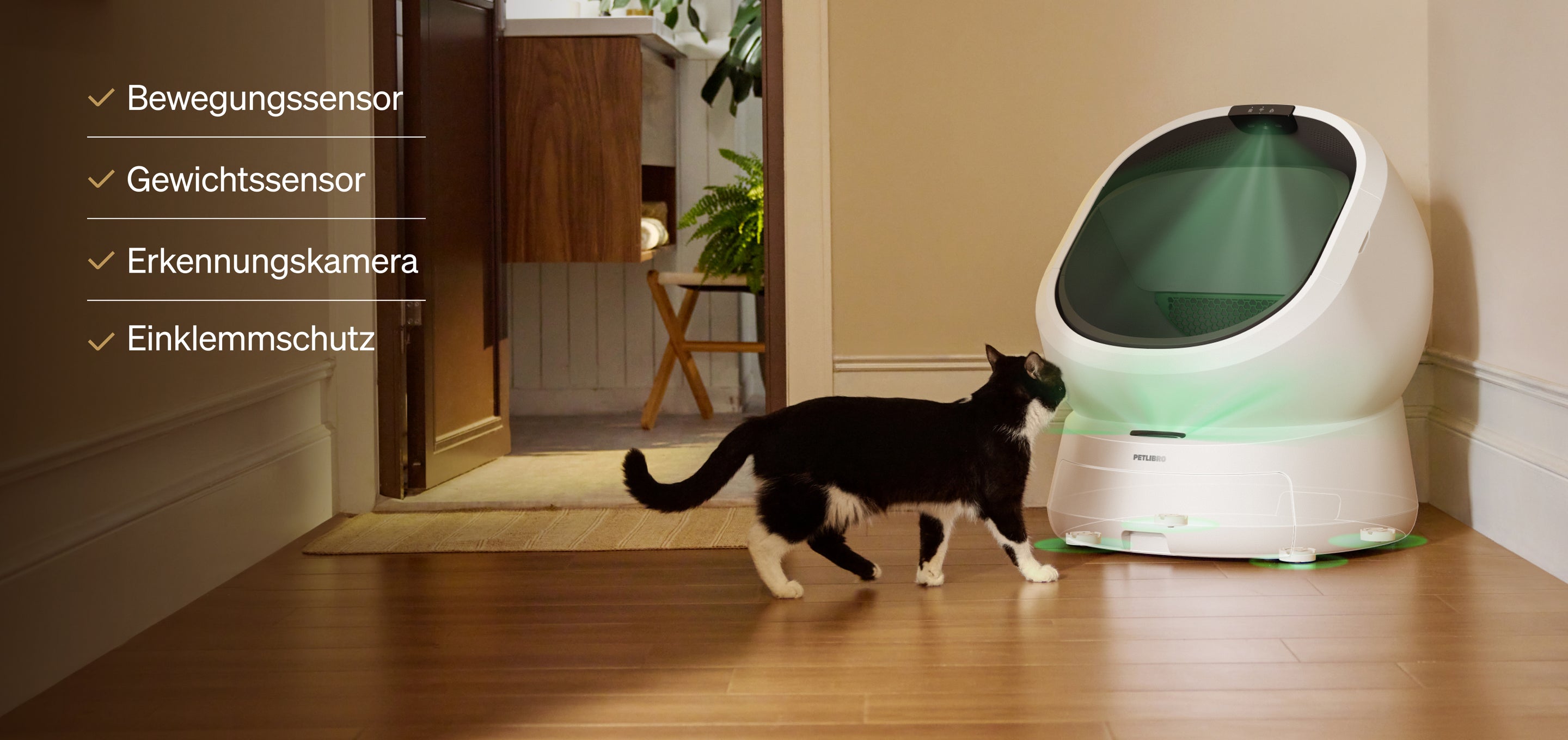 Petlibro PETLIBRO Katzentoilette, Katze davor; Brunnen/Haustier-Zubehör, Hinweis auf automatischer Futterspender, Sensoren im Flur