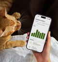 Petlibro PETLIBRO Brunnen-App: Katze als Haustier neben Smartphone; Hydration-Chart, passend zu Katzentoilette und automatischer Futterspender