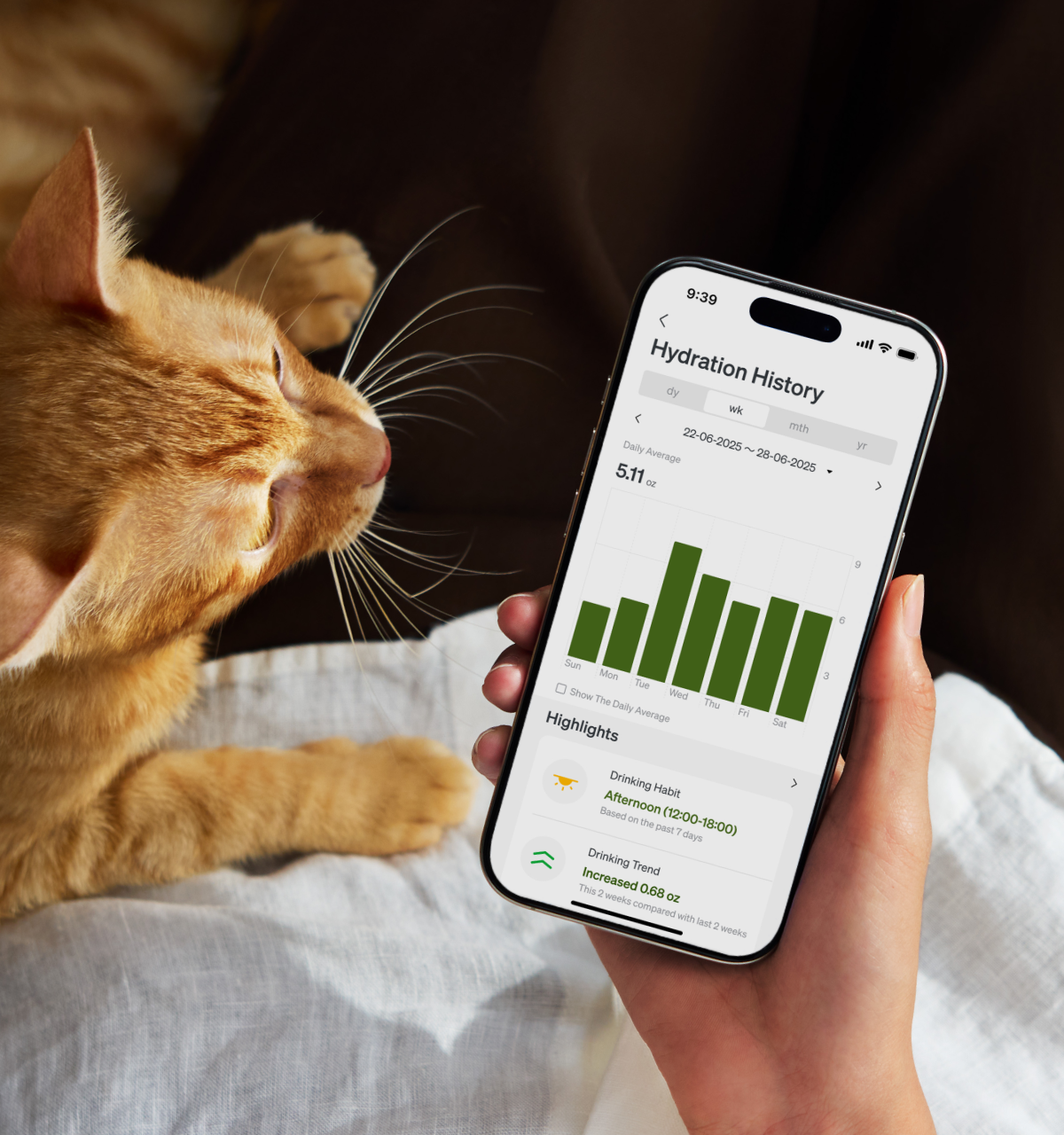 Petlibro PETLIBRO Brunnen-App: Katze als Haustier neben Smartphone; Hydration-Chart, passend zu Katzentoilette und automatischer Futterspender