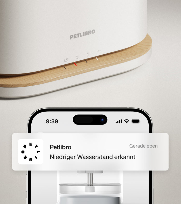 Petlibro PETLIBRO Brunnen in Weiß mit Holzoptik und App-Alarm; Katze/Haustier-Zubehör, Hinweis zur Katzentoilette sichtbar