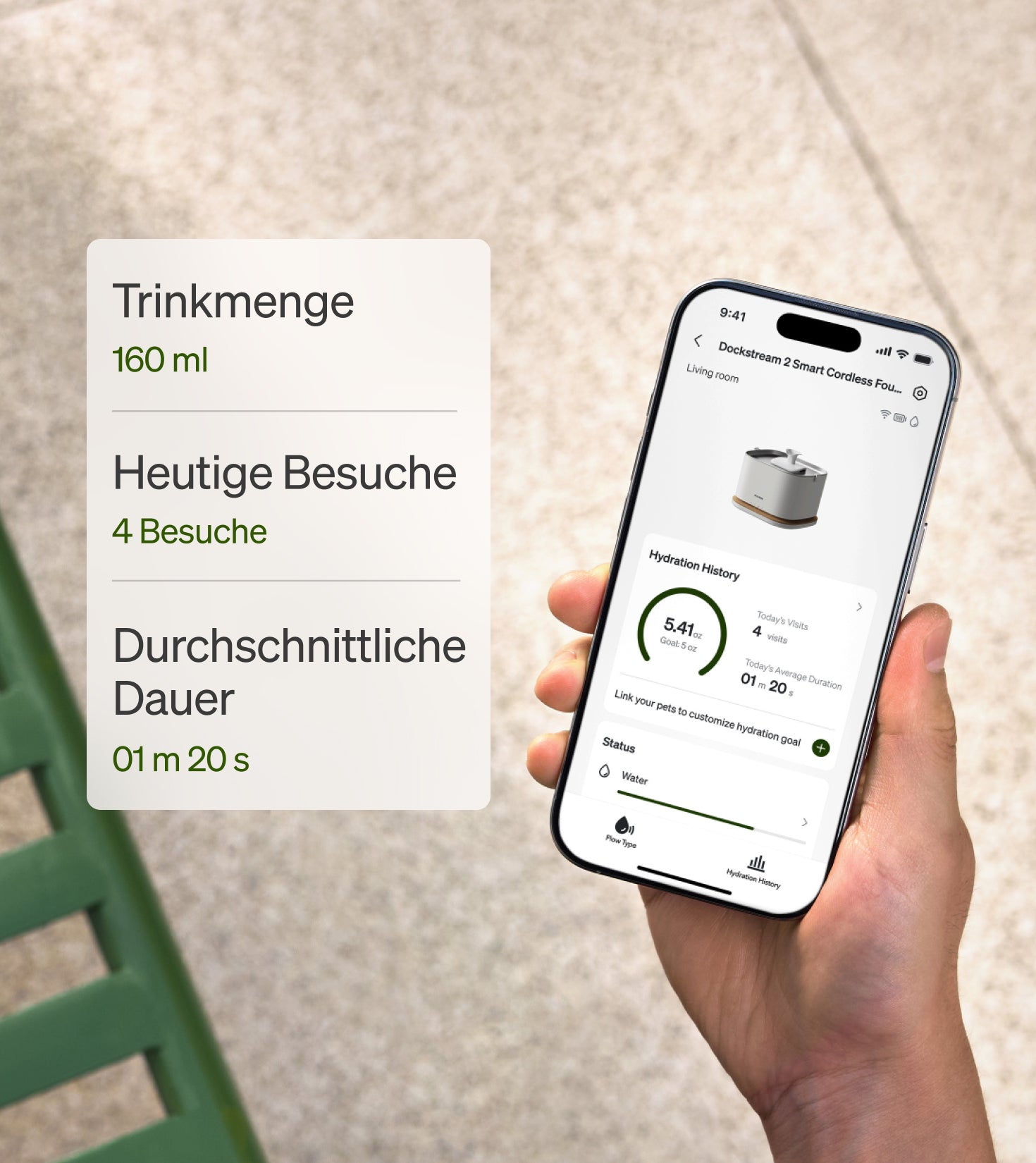 Petlibro PETLIBRO App zeigt Brunnen-Tracking fürs Haustier; Katze Trinkmenge, Besuche, Dauer; Hinweis Katzentoilette-Logbuch