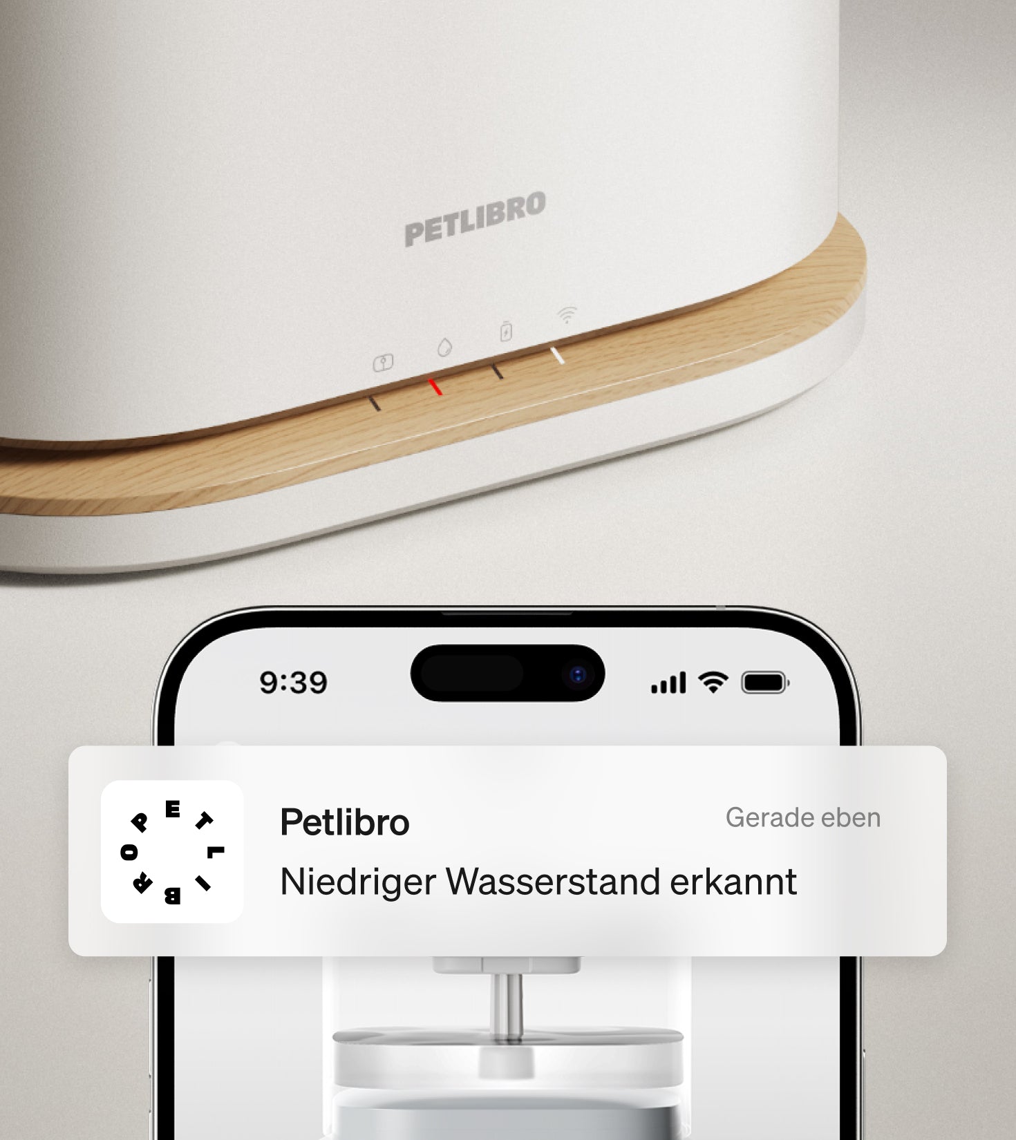 Petlibro PETLIBRO Brunnen weiß mit Holzring, App meldet niedrigen Wasserstand; für Katze/Haustier, neben Katzentoilette nutzbar