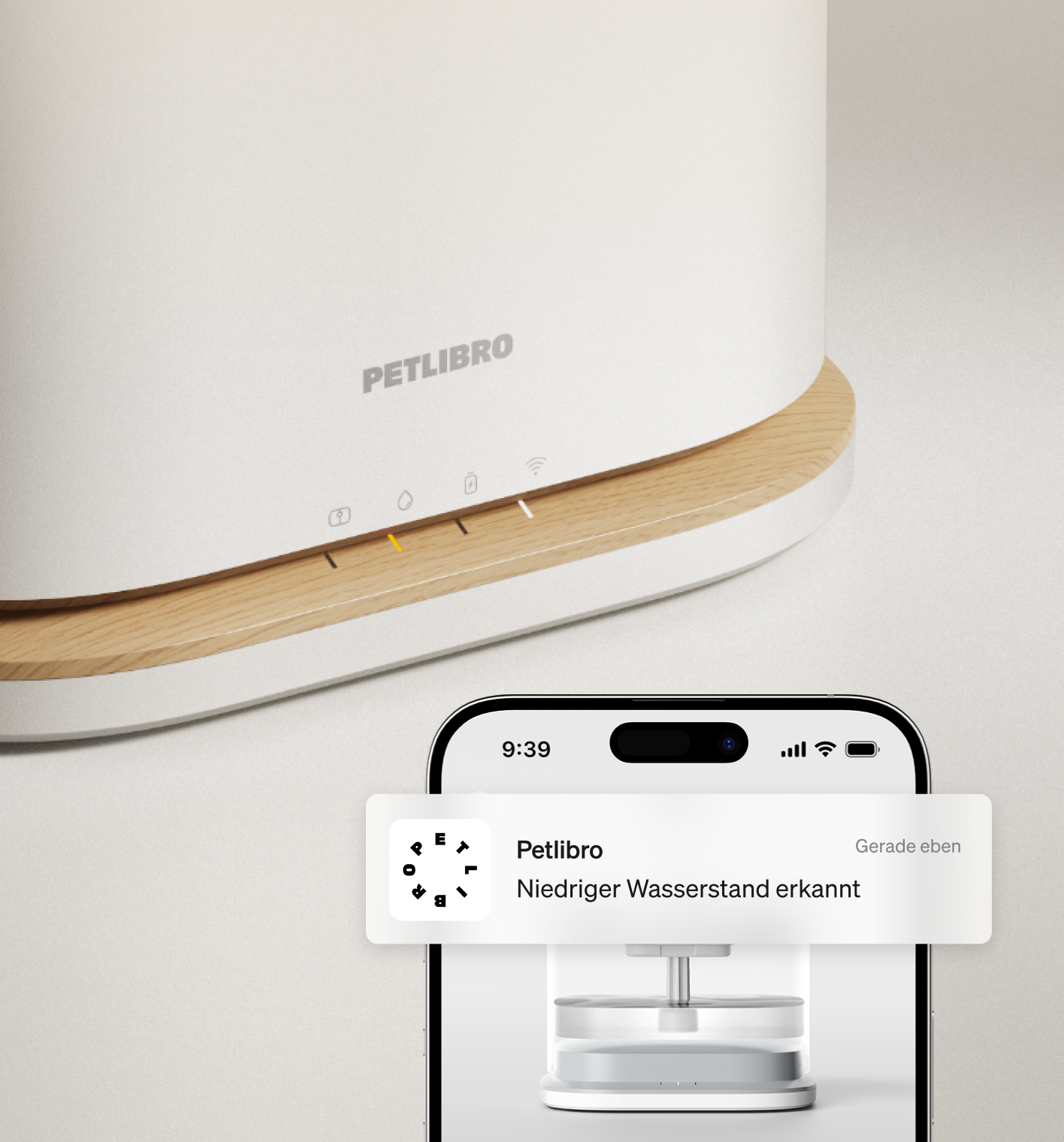 Petlibro PETLIBRO Brunnen in Weiß mit Holzoptik, App-Warnung; für Katze/Haustier, passend zu Katzentoilette und automatischer Futterspender