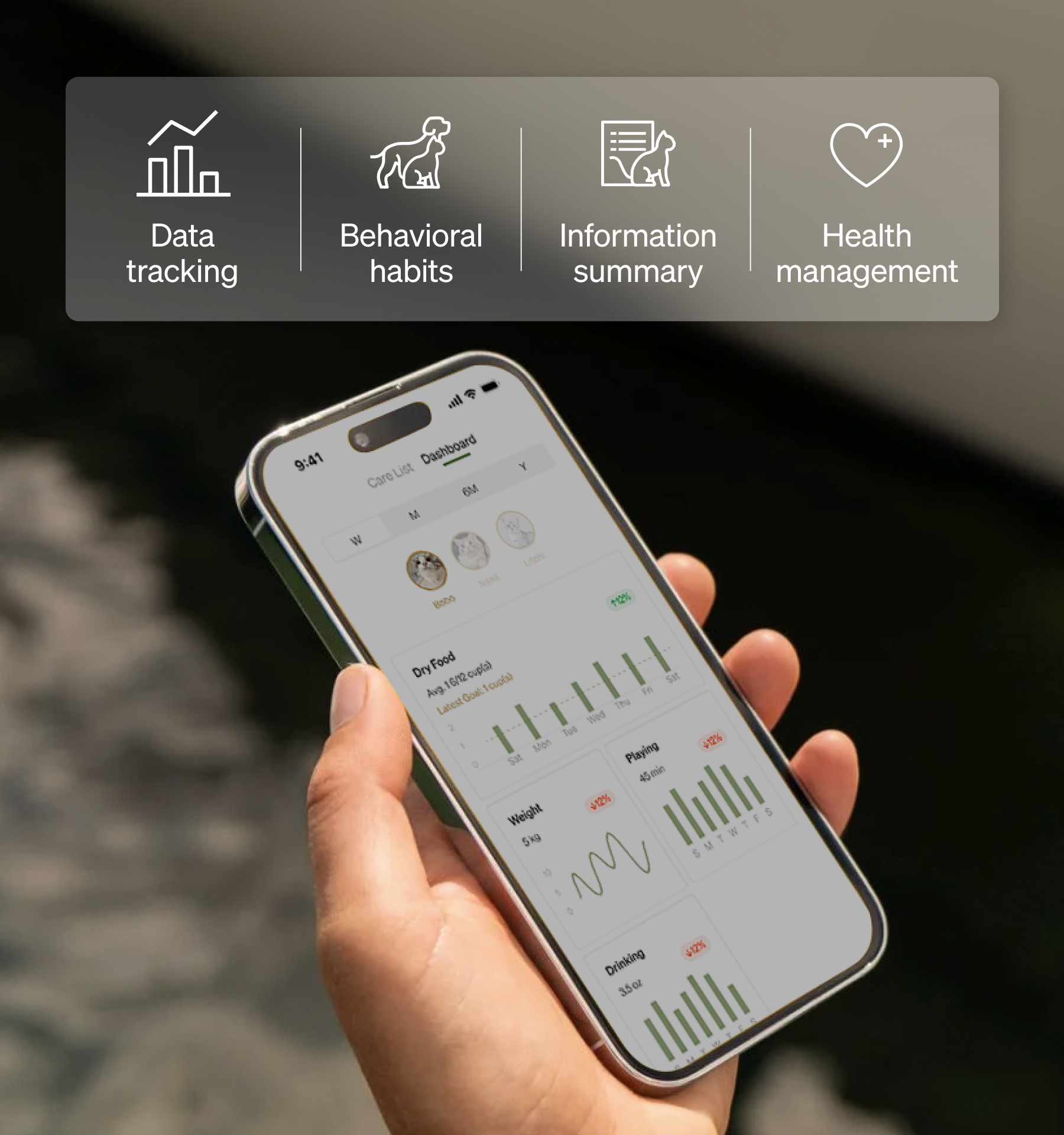 Petlibro PETLIBRO App-Tracking für Haustier: Brunnen, Katzentoilette, automatischer Futterspender; Hand hält Smartphone mit Diagrammen für Katze