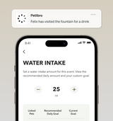 Petlibro PETLIBRO App-Ansicht: Hinweis „Katze am Brunnen“, Wasseraufnahme-Tracking fürs Haustier; erwähnt Katzentoilette, automatischer Futterspender