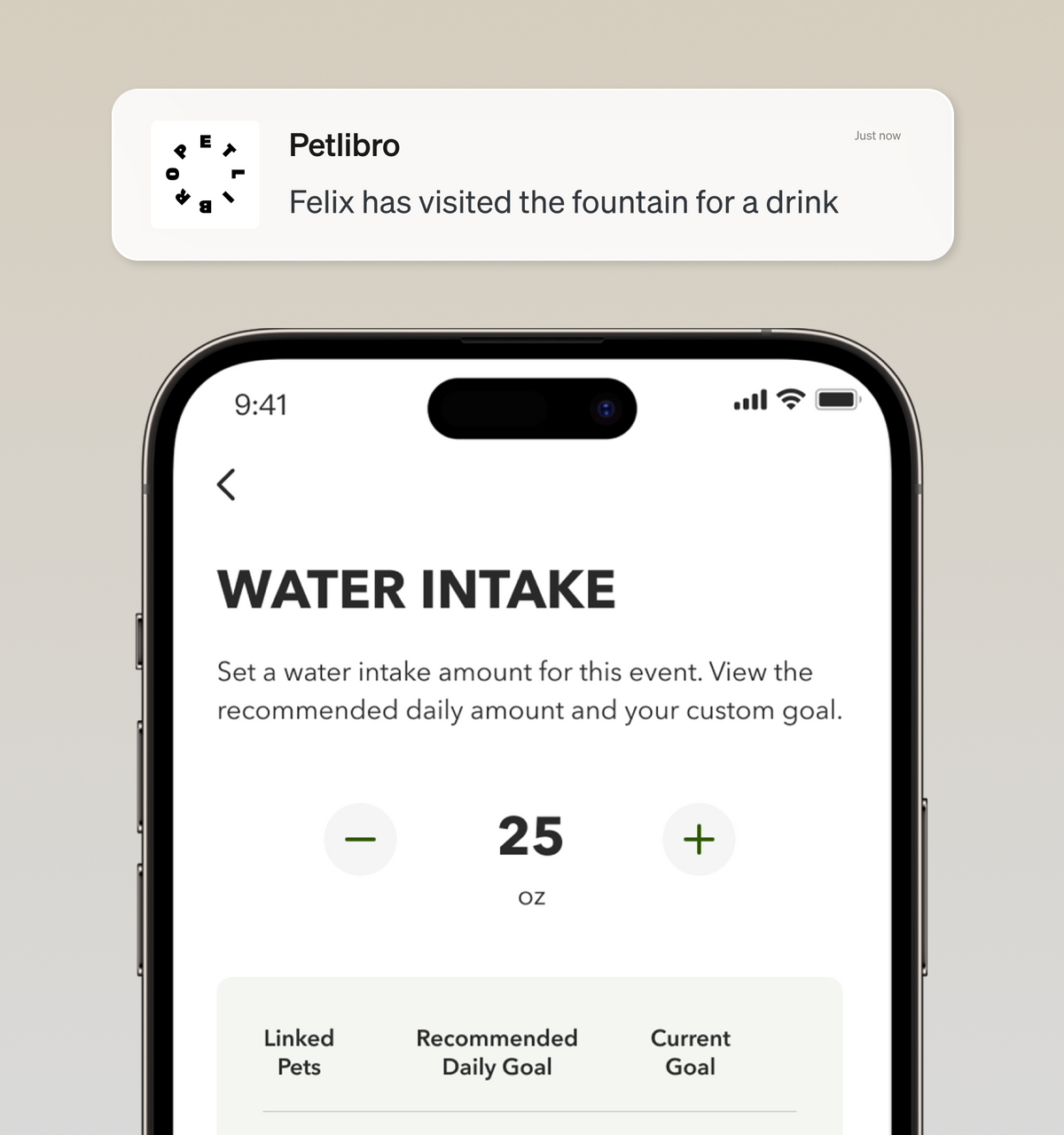 Petlibro PETLIBRO App-Ansicht: Hinweis „Katze am Brunnen“, Wasseraufnahme-Tracking fürs Haustier; erwähnt Katzentoilette, automatischer Futterspender