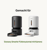 Petlibro PETLIBRO automatischer Futterspender für Haustier-Katze, schwarz/weiß; Brunnen und Katzentoilette erwähnt, Produktfoto mit Napf