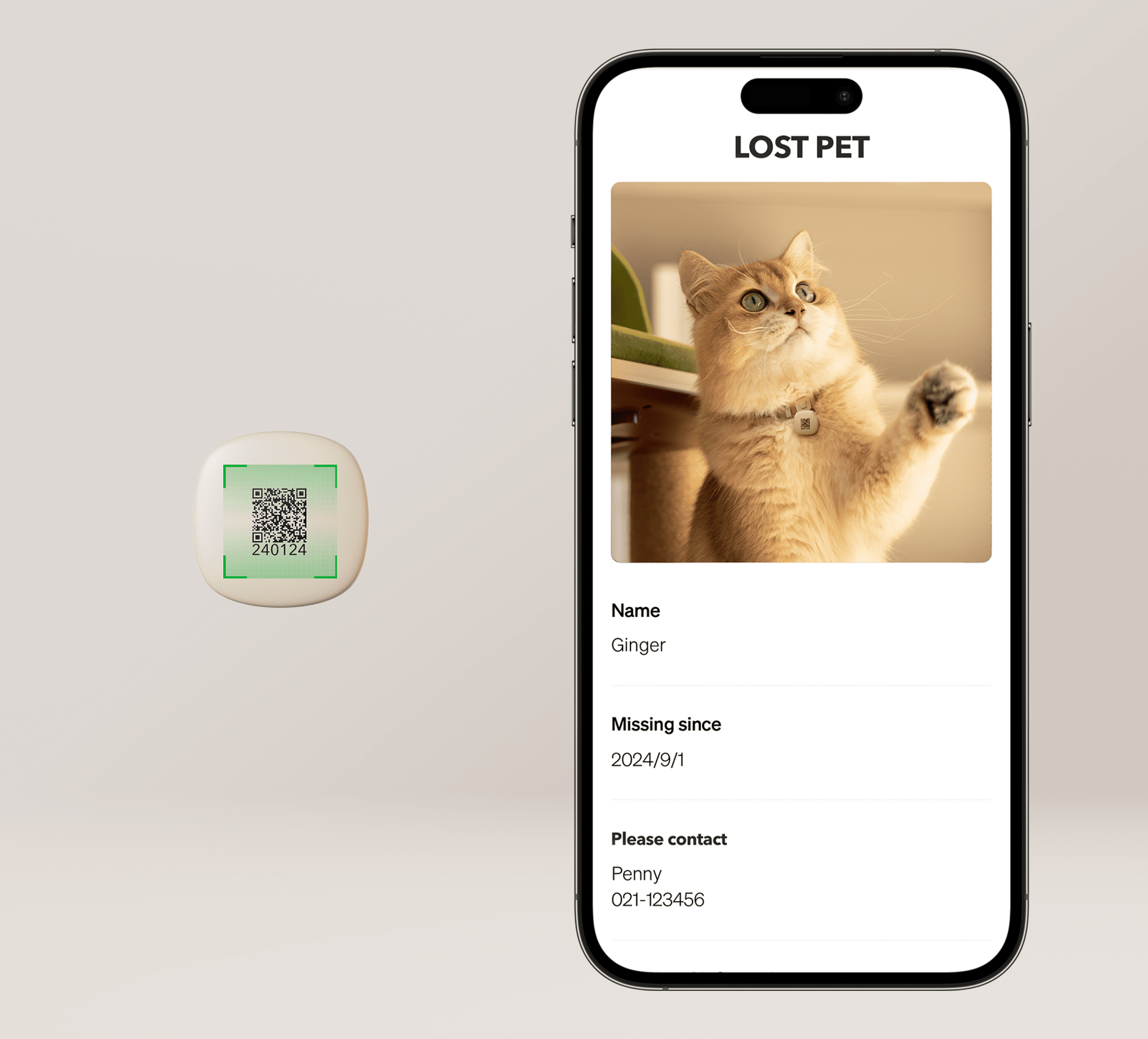 Petlibro PETLIBRO QR-Tag am Haustier; Smartphone zeigt „Lost Pet“-Profil einer Katze; Brunnen, Katzentoilette, automatischer Futterspender erwähnt