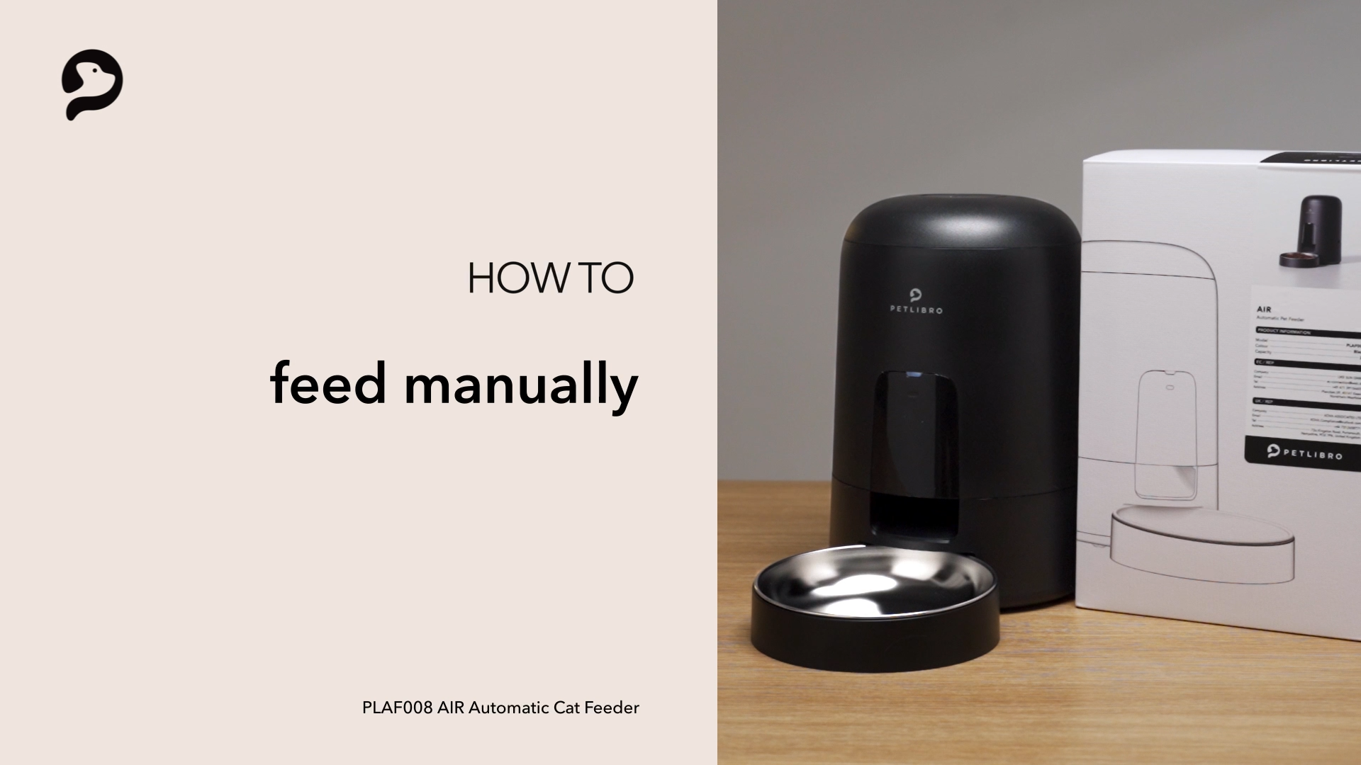 Petlibro PETLIBRO automatischer Futterspender schwarz mit Napf; Hinweis „feed manually“ für Katze/Haustier, Brunnen und Katzentoilette erwähnt