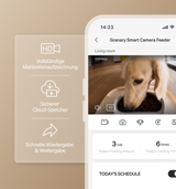 Petlibro PETLIBRO App zeigt Haustier am automatischer Futterspender; Brunnen, Katze, Katzentoilette als Zubehör erwähnt