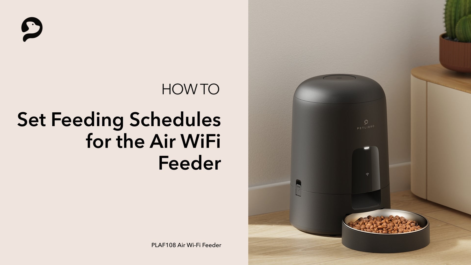 Petlibro PETLIBRO automatischer Futterspender Air WiFi, grau, mit Napf; Haustier Katze, Brunnen und Katzentoilette erwähnt, How-to Banner