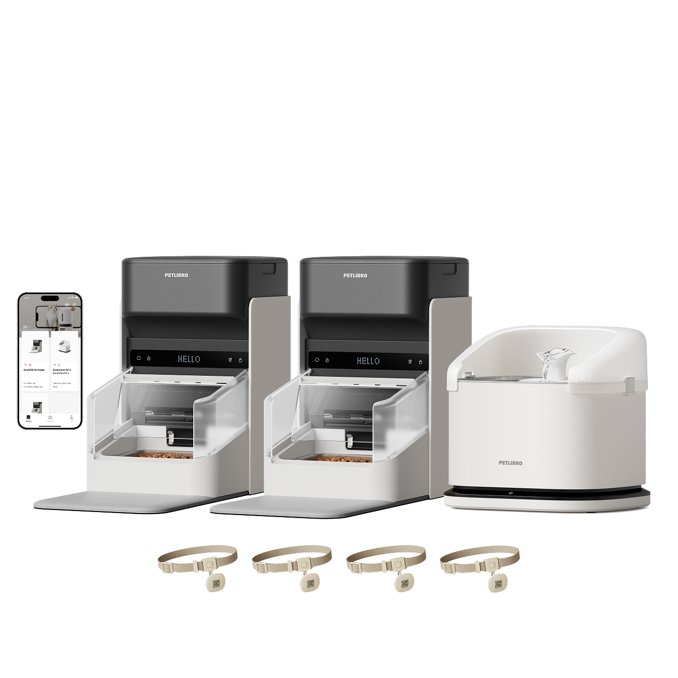 Petlibro smartes Futter- und Wasserspender-Set in Weiß und Grau mit App-Steuerung und vier vernetzten Halsbändern